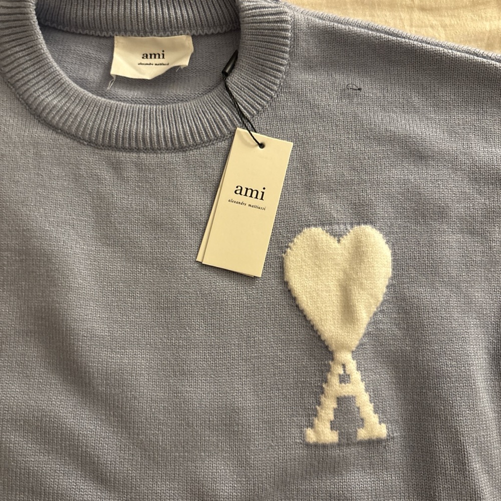 Ami Alexandre Mattiussi Light Blue Sweater with White Heart Logo Size XL Men’s